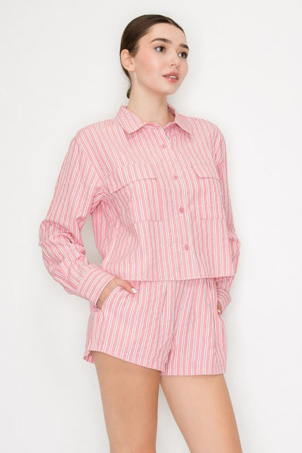Conjunto Blusa y Short Rayas Manga Larga Coral