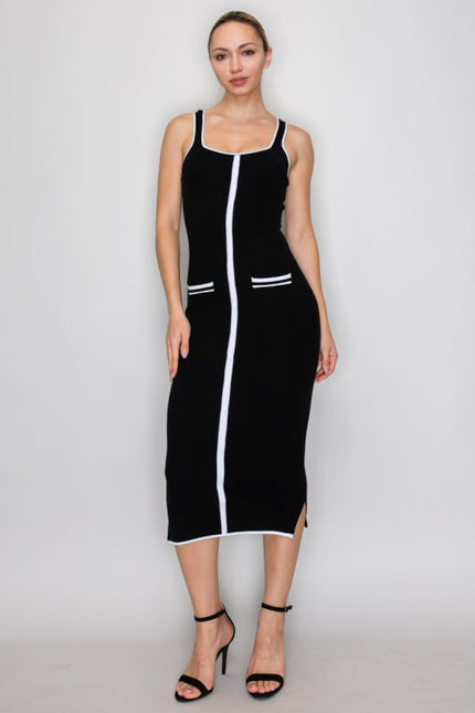 Vestido Negro Entallado con Líneas Blancas