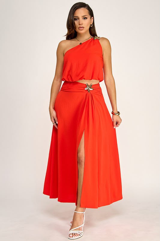Vestido Un Hombro Naranja con Abertura