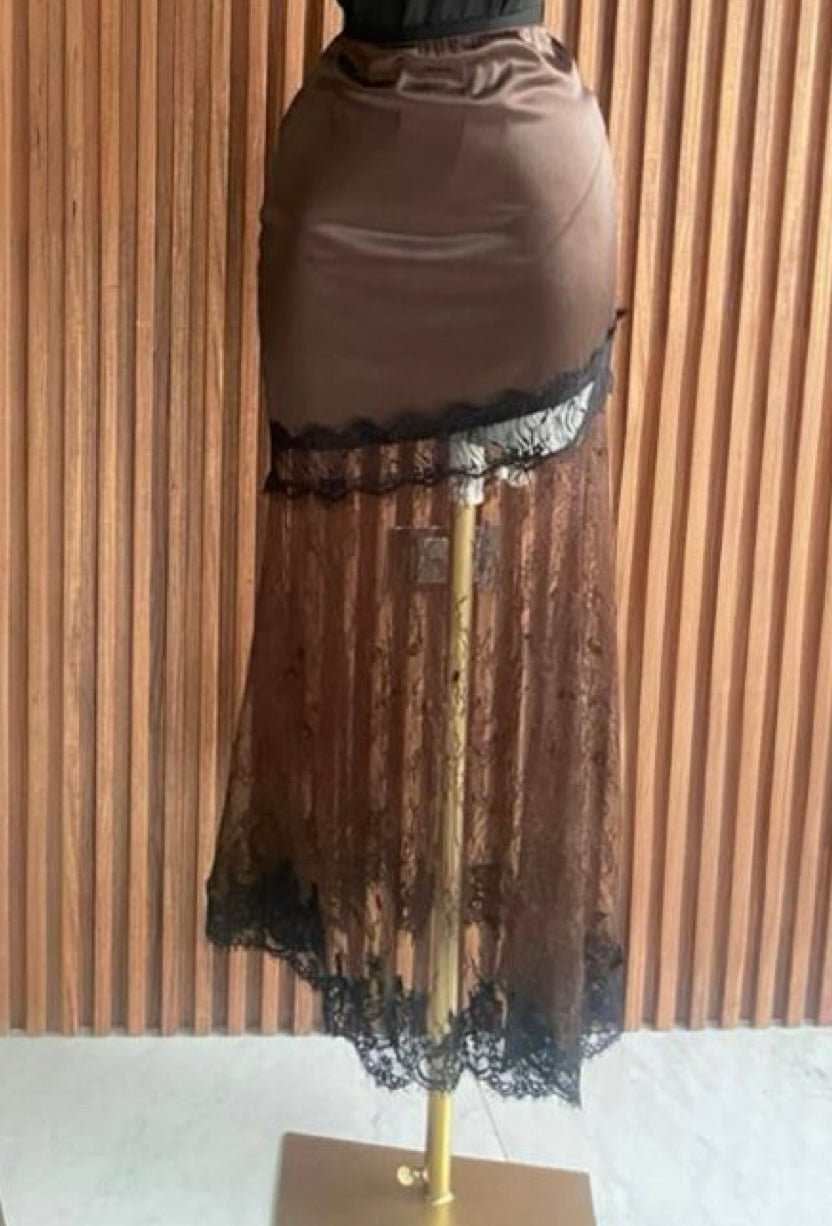 Falda Midi Satín con Encaje Café