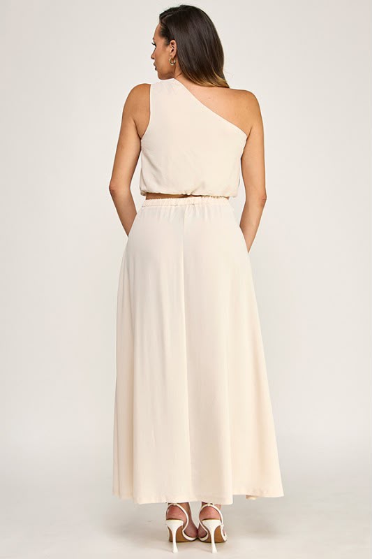 Vestido Un Hombro Beige - espalda