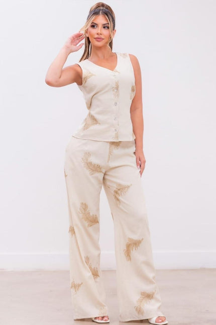Conjunto chaleco y pantalón beige bordado plumas Jash Online