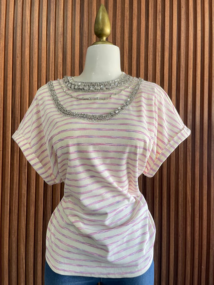 Blusa Oversize Rayas con Collar de Cristal
