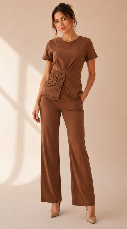Conjunto Blusa con Encaje Café