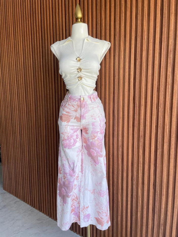 Pantalón Mezclilla Floral Rosa