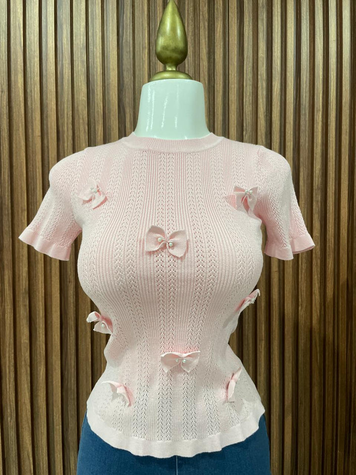 Blusa Tejida con Moños Rosa