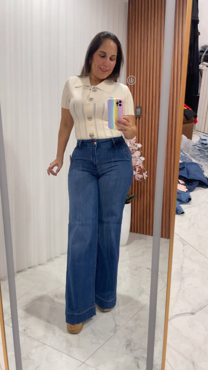 Jeans wide leg azul tono medio cuerpo completo Jash Online