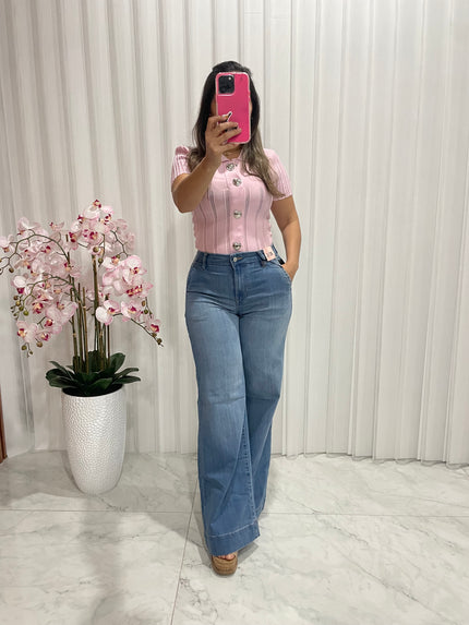 Jeans wide leg azul tono claro frontal Jash Online