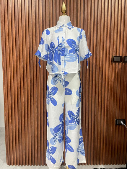 Conjunto de Blusa y Pantalón Floral Azul