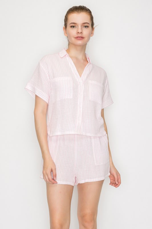 Conjunto Blusa y Short Rayas Manga Corta Rosa