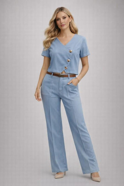 Conjunto Blusa Cruzada y Pantalón Azul