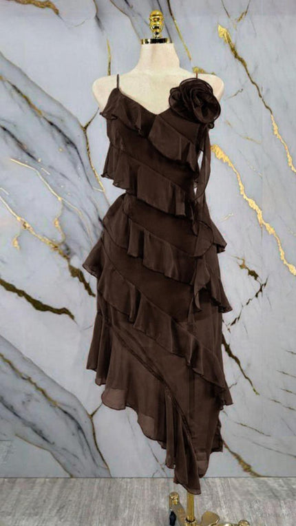 Vestido Ruffle Asimétrico Café
