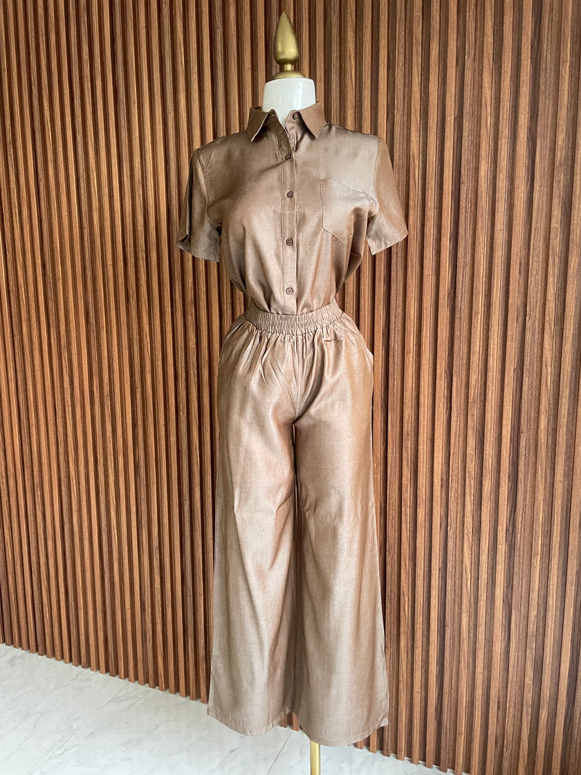 Conjunto camisa y pantalon wide leg cafe Jash Online