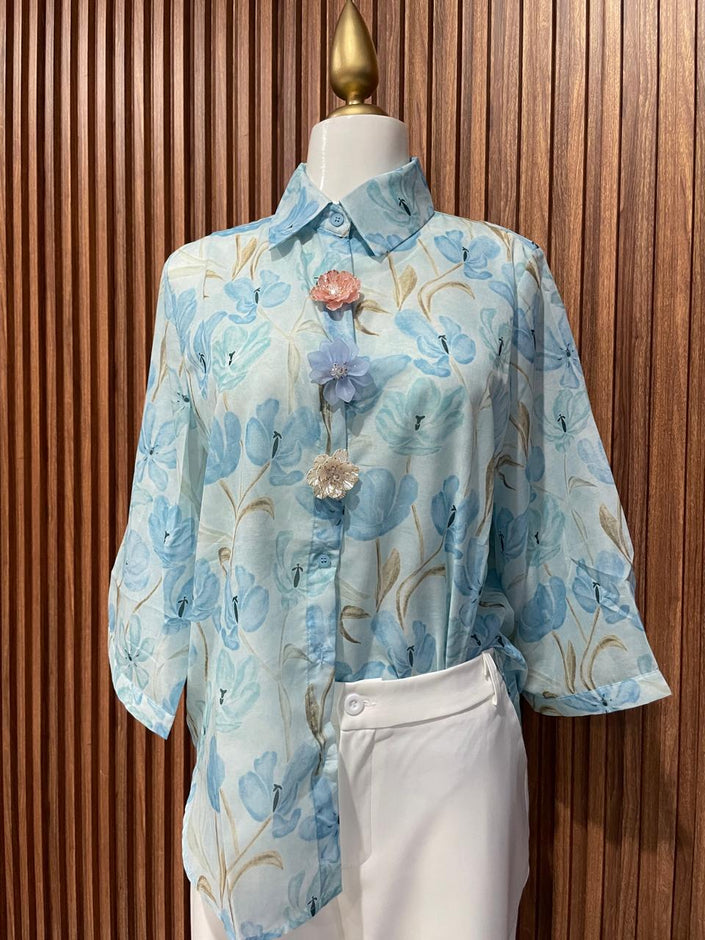 Blusa Floral Azul con Aplicaciones 3D