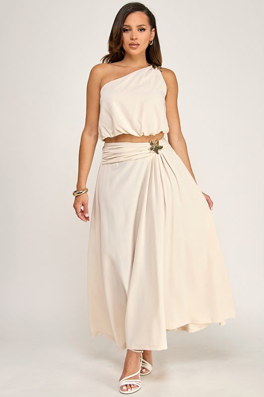 Vestido Un Hombro Beige - frente