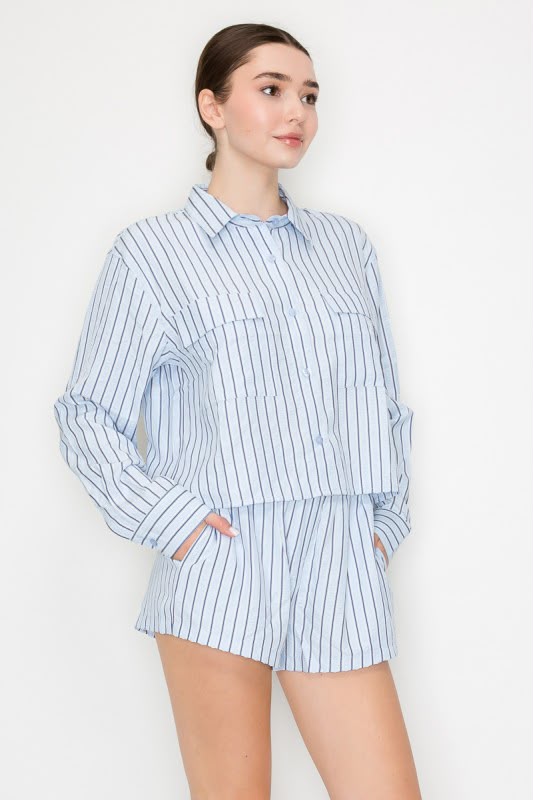 Conjunto Blusa y Short Rayas Manga Larga Azul