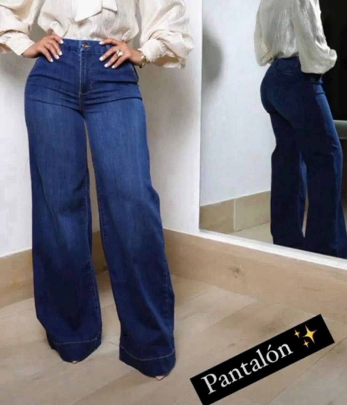 Jeans wide leg azul tono medio detalle Jash Online
