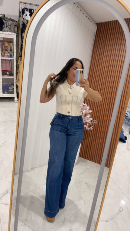 Jeans wide leg azul tono medio frontal Jash Online