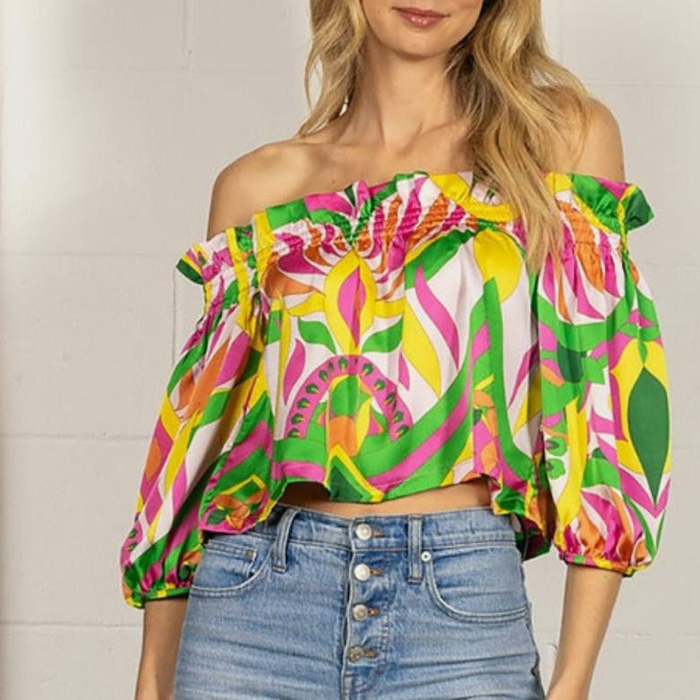 Blusa Floral Vibrante de Hombros Descubiertos