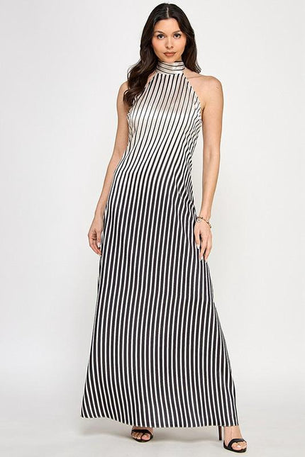 Vestido largo halter rayas blanco y negro Jash Online