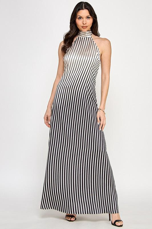 Vestido largo halter rayas blanco y negro Jash Online