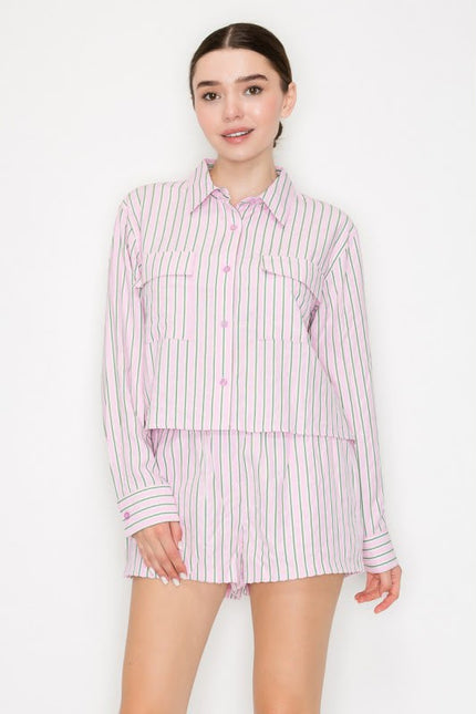 Conjunto Blusa y Short Rayas Manga Larga Rosa