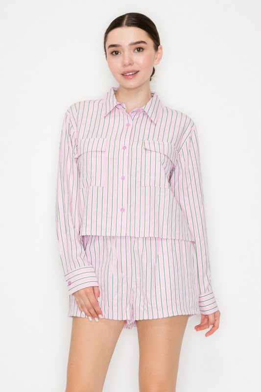 Conjunto Blusa y Short Rayas Manga Larga Rosa