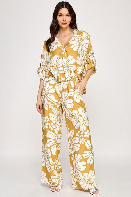 Conjunto blusa y pantalón floral mostaza Jash Online