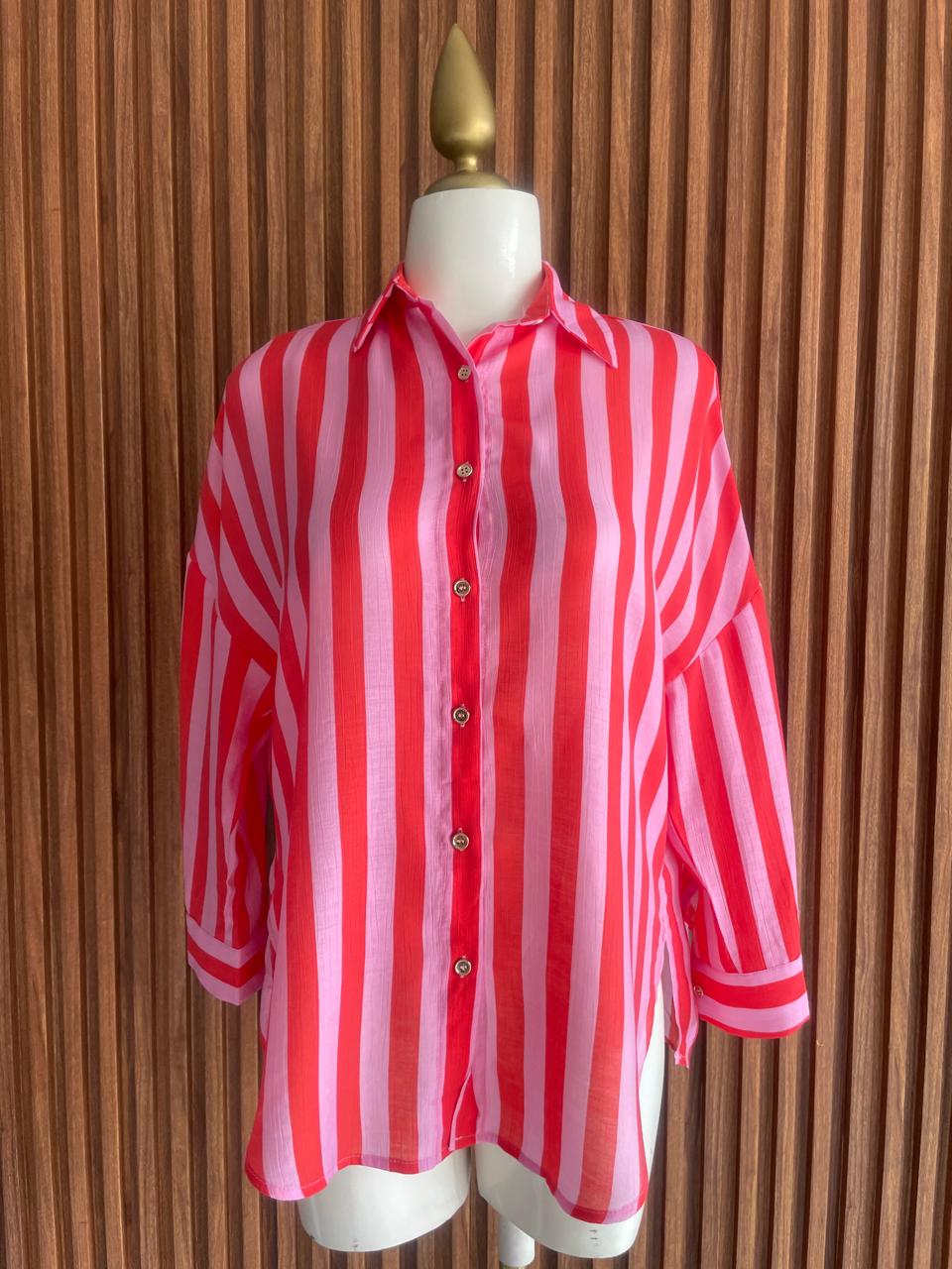 Camisa Oversize Rayas Rojo y Rosa