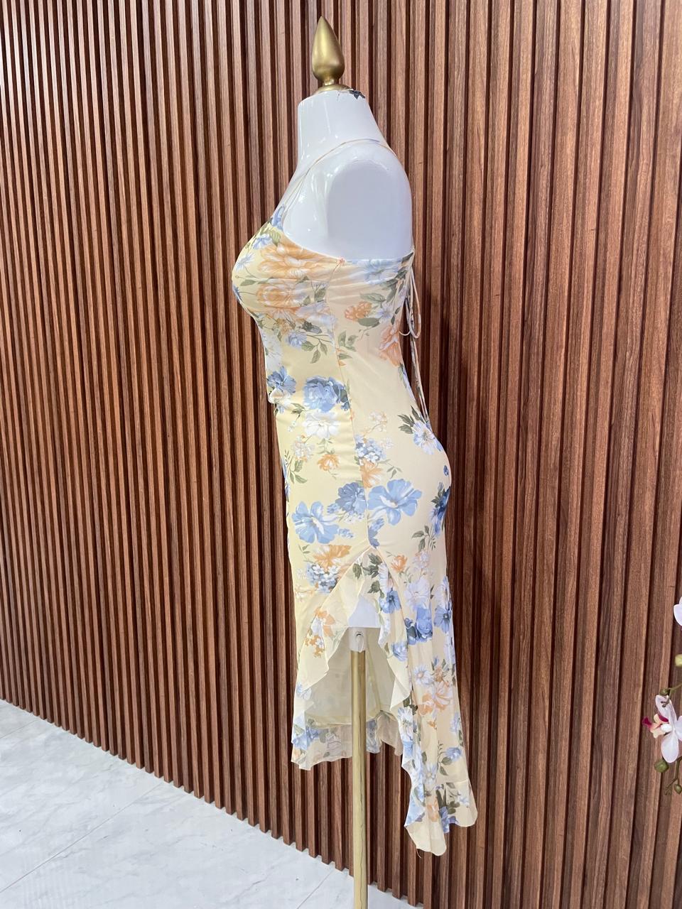Vestido Floral Azul con Holán lateral