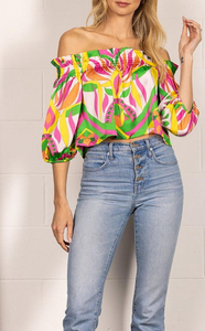 Blusa Floral Vibrante de Hombros Descubiertos